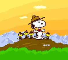 a cartoon dog is standing on top of a hill with other dogs in the background