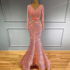 Pink Sequined Mermaid Muslim Evening Dress: Long Sleeve Luxury Elegant Formal Gown for Women's Wedding Pink Mermaid Dress For Prom Evening, Glamorous Fitted Pink Evening Dress, Pink Fitted Evening Dress With Sequins, Fitted Pink Evening Dress With Sequins, Pink Mermaid Dress With Sweep Train For Party, Pink Mermaid Hem Evening Dress With Sweep Train, Pink Long Sleeve Evening Dress With Sweep Train, Elegant Pink Mermaid Dress For Prom, Pink Mermaid Hem Prom Dress