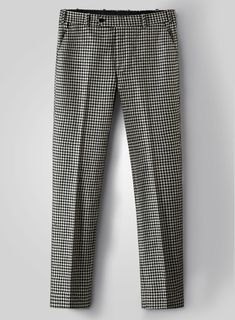 Lend a dash of sophistication and incorporate pattern into your pants game with our Big Houndstooth BW Tweed Pants. Crafted from wool, monochrome graphics are a sophisticated way to make a statement, and our tweed pants are woven with a striking houndstooth design that captures the look perfectly. Wear it with a matching waistcoat and trousers, a crisp white shirt, a plain black tie, and black dress shoes.  Look Includes   Big Houndstooth BW Tweed Fabric  Flat Front Pleats  Cross Pockets  Two We Black Tweed Bottoms For Work, Elegant Black Houndstooth Bottoms, Elegant Black Houndstooth Pants, Zegna Suit, Green Velvet Jacket, Herringbone Tweed Jacket, White Linen Suit, Royal Blue Suit, Tweed Pants