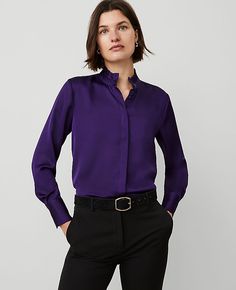 We've paired a pretty ruffle neck with a hidden button front placket, for a look that's that the definition of elevated ease. Ruffle jewel neck. Long sleeves with button cuffs. Hidden button front placket.,Imported:Imported,Fit:26" long,Fabrication:100% Polyester,Garment Care:Machine Washable Ruffle Neck Blouse by Ann Taylor Size regular - Small Midnight Mulberry Women's Split, Neck, Long, Sleeve, Blouse, Tops, 100%, Polyester, Machine, Washable Ruffle Neck Blouse, Career Fashion, Blouse Tops, Petite Tops, Jewel Neck, Work Wardrobe, Effortless Style, Ann Taylor, Dream Closet