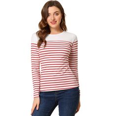 This contrast stripe T-shirt is a classic style for daily life. This piece is contrasted with a color block to fulfill your style statement from a boring all-over stripe top. It's cut from soft fabric that makes you feel comfortable day to night. These casual striped t-shirts match jeans, pants, skirts, or leggings freely, and they are perfect for daily wearing. Red Long Sleeve Tops With Contrast Stripes, Red Long Sleeve Top With Contrast Stripes, Casual Striped Top With Contrast Color, Casual Striped Top With Contrast Colors, White Crew Neck Top With Striped Sleeves, Striped Cotton Tops With Contrast Color, Cotton Striped Top With Contrast Color, Red Tops With Vertical Stripes For Spring, Red Vertical Stripes Top For Spring