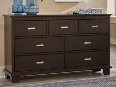 Covetown Dark Brown Dresser - Ornate Home Brown Dresser, Spare Bed, Modern Headboard, 7 Drawer Dresser, Furniture Market, Bed Linens, Bedroom Dressers, Mattress Store, Metal Bar