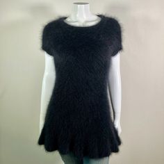 70% Angora Fuzzy LINE Black Flounced Pullover Tunic Mini Dress Sweater 34" bust Black Fitted Sweater Dress With Crew Neck, Black Fitted Crew Neck Sweater Dress, Angora Sweater, Dress Sweater, Womens Sweaters, Fuzzy Sweater, Tunic Length, Tunic Dress, Cap Sleeves