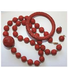 Vintage Chinese Red Cinnabar Floral Bead Necklace Bangle Earrings Set Sterling Necklace 25" Long End To End Clasp Marked, "Silver" Set In Very Good Condition Thanks For Looking Bangle Earrings, Sterling Necklace, End To End, Sterling Necklaces, Bead Necklace, Earrings Set, Womens Jewelry Necklace, Earring Set, Beaded Necklace