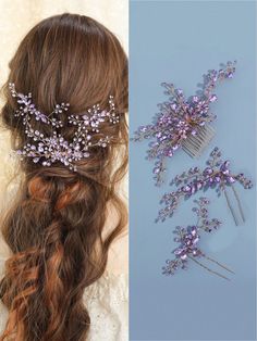 two hair combs with purple flowers on them and one is wearing a tiara