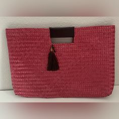 Medium Handmade Clutch Material: Woven Plastic Raffia Color: Red 15.5” X 10” Snap Magnetic Button Closure 2 Slip Inner Pockets Leather Handles Black Polyester Lining As With Any Handmade Item, Slight Imperfections Will Be Part Of Them. Thank You For Understanding And Taking This Into Consideration Before Purchasing. Red Rectangular Straw Bag For Daily Use, Chic Red Straw Bag With Braided Handles, Chic Red Straw Bag For Shopping, Red Woven Straw Bag For Daily Use, Chic Red Woven Straw Bag, Red Rectangular Straw Bag For Shopping, Rectangular Red Straw Bag For Shopping, Red Rectangular Straw Shopping Bag, Rectangular Red Straw Shopping Bag