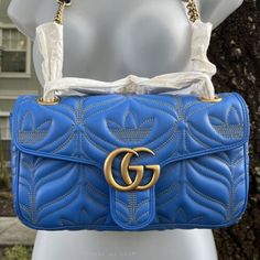 GUCCI x Adidas Blue Marmont Purse 443497 Leather Logo Gold Chain GG Padded Zip  | eBay Gucci X Adidas, Adidas Collection, Gucci Purse, Gg Monogram, Blue Purse, Adidas Blue, Leather Logo, Blue Adidas, Blue Bags