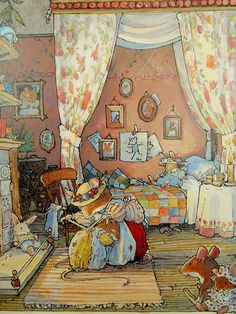 a drawing of a child's bedroom with teddy bears