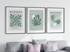 three posters are hanging on the wall above a couch in a living room with pink pillows