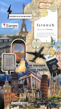 the collage has many different pictures and words on it, including an image of europe