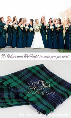 the bride and her bridal party are dressed in green, navy blue and black plaid