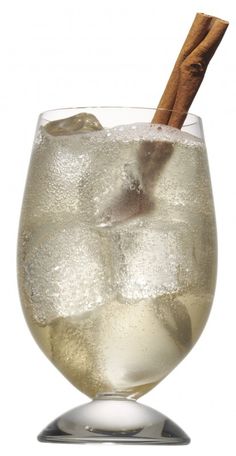 a glass filled with ice and a cinnamon stick