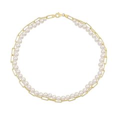 Express your stylish self with the mix of elegant and chic in this freshwater cultured pearl and paper clip chain double-strand necklace. Crafted in sterling silver with 18K gold plate This double-strand design features luminous 5.0-7.0mm freshwater cultured pearls along a knotted thread. A polished paper clip link chain adds a modern and trendy touch to this layered look. The 17.0-inch necklace secures with a lobster claw clasp. Elegant Gold Pearl Necklace With Paperclip Chain, Elegant Double Chain Paperclip Necklace, Elegant Paperclip Shape Double Chain Necklace, Elegant Pearl Necklace With Paperclip Chain, Double Strand Necklace, Peoples Jewellers, Pearl Jewelry Necklace, Women Men Shoes, Freshwater Cultured Pearls