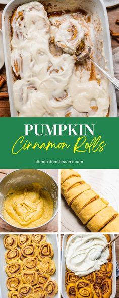 pumpkin cinnamon rolls with cream cheese frosting in a pan and on the side, then baked