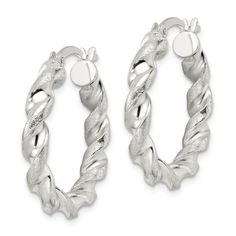 Sterling silver polished and textured twisted circle hoop earrings. Measures approximately 1"L x 15/16"W and have saddleback closures. Modern Twist Silver Hoop Jewelry, Silver Twisted Metal Jewelry, Twisted Silver Metal Jewelry, Textured Small Hoop Metal Jewelry, Elegant Textured Silver Jewelry, Textured Silver Metal Jewelry, Shopping Spree, Jewelry Shop, Ring Size