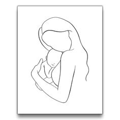 a black and white drawing of a woman holding a baby in her arms, with the outline