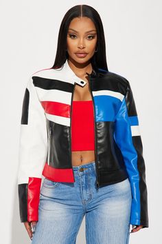 Available In Multi Color. Faux Leather Jacket Colorblock Detail Full Zip Closure Shell: 100% Polyurethane Lining: 100% Polyester Imported | Fast Nights Faux Leather Jacket size Medium by Fashion Nova Trendy Patchwork Leather Jacket For Spring, Trendy Leather Jacket With Patchwork For Fall, Multicolor Leather Outerwear For Fall, Multicolor Leather Winter Outerwear, Trendy Fitted Color Block Outerwear, Halloween Top, Sweater Jumpsuit, Color Fashion, Jean Top