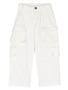 white stretch-cotton logo print to the rear straight leg mid-rise concealed fly and button fastening belt loops two diagonal pockets to the sides multiple cargo pockets straight hem White Straight Pants With Cargo Pockets, White Parachute Pants With Multiple Pockets For Streetwear, White Cargo Pocket Trousers, White Streetwear Pants With Side Pockets, White Streetwear Bottoms With Belt Loops, White Baggy Pants With Multiple Pockets, White Bottoms With Belt Loops For Streetwear, Baggy White Utility Cargo Pants, White Baggy Utility Cargo Pants