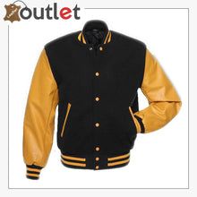 Black & Gold Varsity Jacket Custom Varsity Jackets, Leather Varsity Jackets, Biker Jacket Men, Varsity Letterman Jackets, College Jackets, Letterman Jackets, Baseball Varsity Jacket, Leather Sleeves, Letterman Jacket