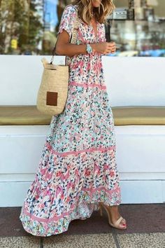 V Neck Short Sleeve Floral Bohemia Maxi Dress Small Highlights, Dress Pink Short, Shorts Rosa, Maxi Dress Designs, Womens Long Dresses, Plus Size Outerwear, Summer Weather, Mode Chic, Maxi Robes