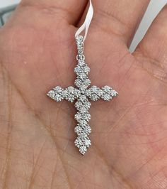 Beautiful Diamond Cross Pendant White Gold.  The diamonds are white and very sparkling.  This cross is a good size, not too big or small.  Excellent craftsmanship, all you see are diamonds showing no metal.  Lays nicely on the neck, won't flip around.  All Diamonds are set very smooth.  The shape is so beautiful.  The bail where the chain goes through has small diamonds set on it.  The cross measures from top of bail down about 37 x 22mm.  The width is about 4.8mm.  This cross is one you will tr Diamond Cross Necklace, Necklace White Gold, Diamond Cross Necklaces, Gold Cross Pendant, Diamond Cross Pendants, Diamond Cross, Necklace White, Gold Cross, Magnifying Glass