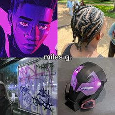 three pictures with different styles of hair and one has the words miles g on it