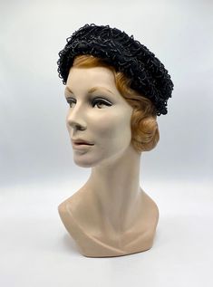 "* Formal pillbox hat c 1950s * Short crown and brim * Black wool felt is embellished with all-over black seed bead loops * Indentation mid-way down features a black grosgrain ribbon hat band * Black grosgrain ribbon sweat band * Unlined Label: Orbach's Oval Room Excellent condition Height: 2\" Brim: 1 1/2\" Inside Circumference: 21 1/4\" Please view my Shop Policies prior to placing an order as all sales are final: http://www.etsy.com/shop/ranchqueenvintage/policy ❤ Note to my dear internationa Adjustable Retro Headpiece For Evening, Vintage Mini Hat Headband For Vintage Events, Vintage Evening Fascinator Headband, Vintage Formal Headband Costume Hat, Vintage Formal Costume Headband, Vintage Adjustable Headpieces For Evening, Adjustable Vintage Headpieces For Evening, Vintage Adjustable Costume Hats With Structured Crown, Vintage Adjustable Fascinator With Structured Crown