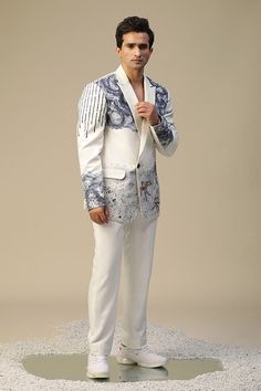 White handpainted suit with cutdana and resham embroidery and french knot detailing. Paired with a pant. - Aza Fashions Elegant Fitted Suits With Digital Print, Elegant Suits With Digital Print For Formal Occasions, Elegant Formal Suits With Digital Print, Elegant Digital Print Suits For Formal Occasions, Elegant Wedding Suits With Digital Print, Elegant White Unstitched Suit With Digital Print, Suit Set For Men, Resham Embroidery, Embroidered Suit