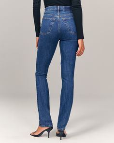 Our 90's-style high rise slim straight jeans in a full-length fit that sits high on the waist, fitted at the top of the body and relaxes slightly below the knee for a straight-leg look. Features a marbled dark wash and clean hem. Trendy Fitted Flare Jeans With Straight Leg, High Rise Straight Fit Flare Jeans For Fall, High Waist Fitted Flare Jeans In Rigid Denim, Fitted Straight Jeans With Five Pockets, Modern Fitted Flare Jeans In Rigid Denim, Fitted Modern Flare Rigid Denim Jeans, Everyday Bottoms With Five Pockets In Straight Silhouette, Modern Fitted Straight Leg Jeans, Fitted High Rise Flare Jeans In Rigid Denim