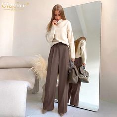 Brand Name: ClacivePant Style: Wide Leg PantsMaterial: PolyesterFit Type: LOOSELength: Full LengthDecoration: SashesOrigin: CN(Origin)Season: Spring/AutumnWaist Type: HIGHModel Number: Women Pants C-K8093Pattern Type: SolidStyle: Office LadyFront Style: PleatedAge: Ages 18-35 Years OldFabric Type: WovenClosure Type: Zipper FlyGender: WOMEN Trousers Outfit Night Out, Wide Leg Trousers Outfit, Women's Sash, Wide Leg Pants Women, Trousers Women Wide Leg, Brown Trousers, Trouser Outfit, Elegant Ladies, Belted Pants