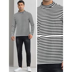 The striped pattern turtleneck top shirts can provide warmth on cool days, adding a touch of classic to your outfit. The striped turtleneck sweatshirts are versatile to suit individual preferences and styles. Pair the turtleneck t-shirt with tailored trousers or dark denim jeans for a stylish casual look. Great for dates, holiday parties, family gatherings, festive celebrations, office work, etc. Black Winter Top With Striped Collar, Black Top With Striped Collar For Winter, Winter Black Top With Striped Collar, Casual Striped Turtleneck For Fall, Striped Long Sleeve Casual Turtleneck, Winter Striped Long Sleeve T-shirt, Pattern Turtleneck, Turtleneck T Shirt, Turtleneck Sweatshirt