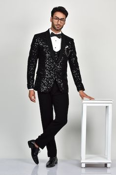 Buy Black Sandwash Suiting Embellished Cutdana Noir Textured Tuxedo Set For Men by Contrast By Parth Online at Aza Fashions. Red Suit, Beaded Neckline, Jodhpur, Suit Set, Shawl Collar, Aza Fashion, Full Sleeve, Mens Suits, Black Men