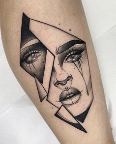 a woman's face with an abstract geometric design on her leg, done in black and grey ink