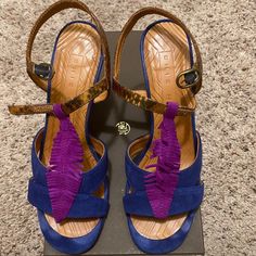 Chie Mihara Trampa Sandals Size 39. Made In Spain. Suede Upper Leather Soles Heel Taps And Dust Bag Included. Mihara Shoes, Chie Mihara Shoes, Heel Taps, Heel Tap, Gorgeous Shoes, Blue Purple, Women's Shoes Sandals, Blue And Purple, Shoes Sandals