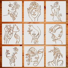 six hand drawn images of women with flowers