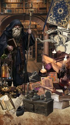 an image of a wizard in the middle of a room full of books and stuff