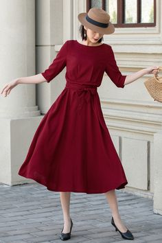 "Give you a color of red this linen midi dress, design in fit and flare silhouette with puffy sleeve cuffs and swing skirt, both chic and modest in style that you can wear with ornaments as belt, earings, bags..in any you love to suit every life occasion. DETAIL * 50% Linen, 50% cotton * Two side pockets * Half Sleeve * Right zipper closure * Perfect for summer, spring, autumn * Dry clean *The model is 170 cm (5′7″) tall with a 80 cm (31.5\") bust, 66 cm (26\") waist. She is wearing the red dress in size XS. CUSTOM MADE SERVICE If you * Change other color * Can't find your size in our size Chart * Change the length * Your Height is not Between 5'1\" - 5\"9\" * Your weight is not Between 47 kg - 67kg I can do it for you, It will need some extra fee depending on on your need. Contact with me Elegant A-line Linen Dress With Pockets, Red Linen Midi Dress For Spring, Red Maxi Dresses With Pockets, Burgundy A-line Summer Dress, Spring Red Midi Dress With Pockets, Red Spring Maxi Dress With Pockets, Red Spring Dresses With Pockets, Spring Red Dresses With Pockets, Red Summer Maxi Dress With Pockets