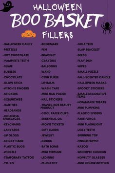 the halloween boo - basket fillers list is shown on a purple background with black and orange pumpkins