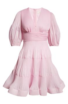 Inspired by snapshots of dance halls from the '50s, this pleated minidress showcases voluminous sleeves and a tiered skirt lifted by a layer of crinoline. 36" length (size 2/8US) Hidden back-zip closure Deep V-neck with button-and-loop closure Elbow-length sleeves with elastic cuffs Lined except sleeves 100% polyester Dry clean Imported Designer Clothing Fitted Tiered Evening Dress, Fitted Tiered Dress For Evening, Accordion Pleated Dresses With Voluminous Skirt For Summer, Spring Dresses With Accordion Pleats And Voluminous Skirt, Fitted Dress With Pleated Waist And Tiered Skirt, Party Dress With Pleated Waist And Tiered Skirt, Tiered Skirt Dress With Pleated Waist For Party, Feminine Fitted Dress With Accordion Pleats, Pleated Voluminous Tiered Skirt Dresses