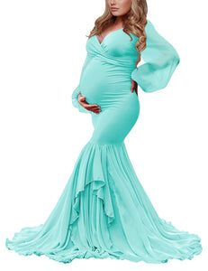 Kimi Tulle Mermaid Maternity Dress Fitted Long Sleeve Gown With Ruffles, Elegant Maternity Mermaid Dress, Elegant Maternity Mermaid Dress With Mermaid Hem, Maternity Mermaid Hem Gown, Long Sleeve Maternity Dress For Wedding, Fitted Long Sleeve Maternity Dress With Ruffles, Blue Long Sleeve Maternity Dress For Wedding, Elegant Fitted Maternity Dress With Ruffles, Long Sleeve Maternity Gown