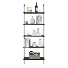 three tiered shelving unit with bottles and other items on the shelves, isolated against a white background