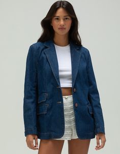 Wrangler Denim Blazer. Combining The Classic Look Of Denim With A Silhouette That's Tastefully Tailored, Our Women's Blazer Offers A Bold New Way To Suit Up. Perfect For Transitioning Between Seasons, It's Crafted From Cotton In A Beautiful Blue Hue You'll Want To Wear All Year Round. This Layering Statement Piece Comes With Two Lower Flap Pockets And A Bonus Pocket For Essentials. A Single-Breasted Design Featuring A Notched Lapel And Two Buttons Makes This Jacket Polished And Cool Enough For Every Occasion Under The Sun. Regular Fit. Spread Collar. 100% Cotton. Machine Wash. Imported. Model Is Wearing A Size Small. Model Measurements:height: 5'7" Bust: 32abwaist: 23"hips: 34" Overalls Boys, Chino Pants Women, Wwe T Shirts, Womens Blazer, Boys Graphic Tee, Denim Blazer, Girls Blouse, Chino Jeans, Suit Up