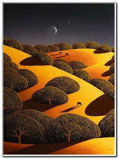 a painting of trees in the desert at night