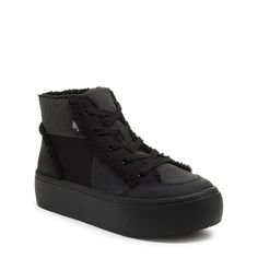 Embrace edgy style with the Flair Black Patchwork Platform Sneakers by Rocket Dog. These high top sneakers boast a black patchwork cotton upper, soft jersey lining, and a rubber flatform wedge. Perfect with distressed jeans and a leather jacket for a rock-chic vibe or soften with a floral dress. 🖤 Rocket Dog high top women's sneaker Style: Lace up high top flatform sneaker Upper: Black patchwork cotton Lining: Jersey Sole: Rubber flatform wedge Heel Height: 1.89 inches Platform height .67 inche Casual High-top Sneakers With Vulcanized Sole For Fall, Fall High-top Sneakers With Vulcanized Sole For Streetwear, Fall Streetwear High-top Sneakers With Vulcanized Sole, Fall High-top Sneakers With Contrast Sole For Streetwear, Comfortable Black High-top Sneakers With Vulcanized Sole, Black High-top Sneakers For Fall, Urban Black High-top Sneakers For Winter, Fall Canvas Sneakers For Streetwear, Fall Mid-top Canvas Sneakers