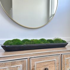 a wooden dresser topped with a black bowl filled with green moss next to a mirror