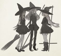 three girls dressed up as witches with brooms and hats standing next to each other