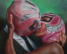 a painting of a man with a mask on his face hugging another man's head