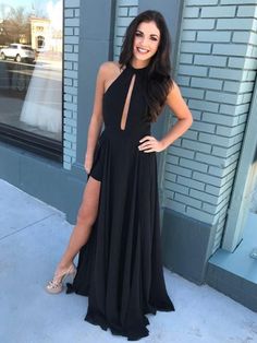 Elegant Black Keyhole Neck Chiffon Long Prom Dresses with High  Black Formal Dresses, Evening Dresses Prom Dresses 2019, Graduation Dresses, Black Dress Formal, Keyhole Neck, Black Prom Dress, Black Formal, Beautiful Prom Dresses, Black Prom, Long Prom Dresses