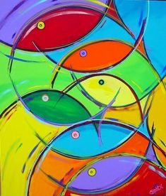 an abstract painting with many different colored fish on the bottom and one in the middle