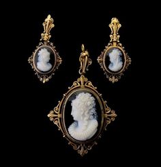 Late 19th century cameo parure. Victorian Earrings Antiques, Convertible Jewelry, Gothic Glamour, Three Piece Suite, Victorian Earrings, Cameo Jewelry, Vintage Cameo, Earrings Pendant